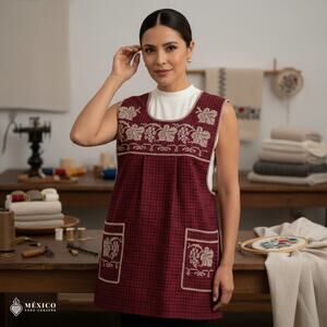 Traditional Mexican Cross-Stitch Embroidered Apron – Deluxe Artisan Smock Style